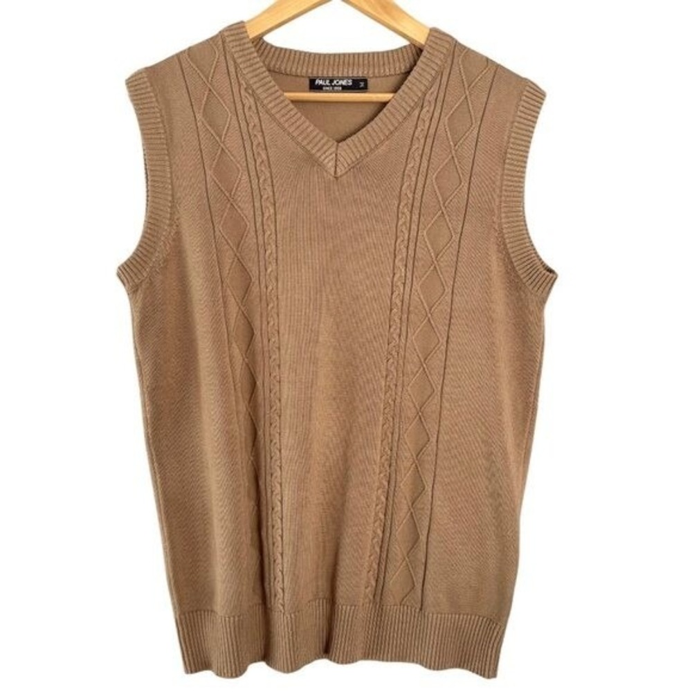 Paul Jones Men Viscose Blend Argyle Sweater Vest Size Medium Tan Academia Preppy